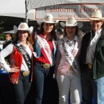 Miss Rodeo California Salinas Jynel Gularte, Miss Rodeo California Brittany Slayton, and Miss Gold Country Pro Rodeo Sydney Elliott, with Bob Fox of PRCA